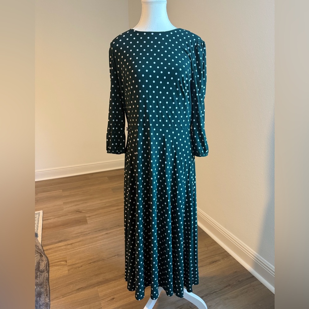 Lauren by Ralph Lauren Green and White Polka Dot Long Sleeve Dress